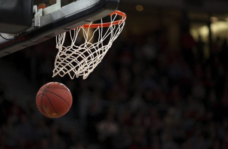 Basketball hoop and ball on a court